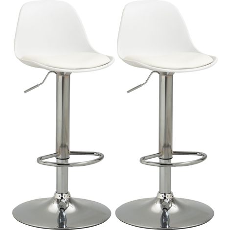 Juego de 2 taburetes de bar giratorios de piel sintética blanca, sillas de cocina regulables en altura con reposapiés, carga máxima de 120 kg, aptos para cocina, salón y mostrador. (1/5)