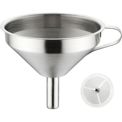 Imbuto in acciaio inox con filtro, 13 cm imbuto da cucina in acciaio inox con manico laterale lavabile in lavastoviglie colore argento (1/5)