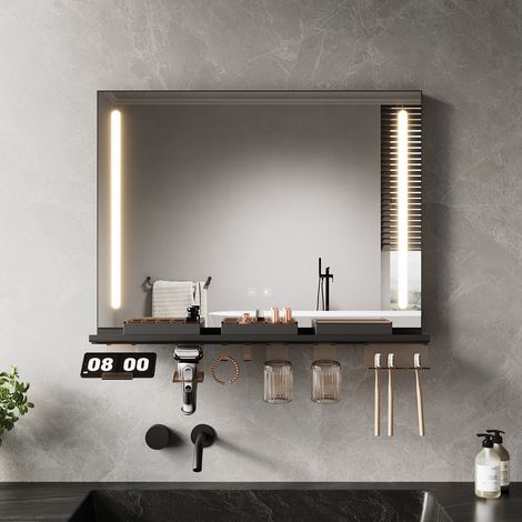 SONNI Badspiegel mit LED Beleuchtung, Ablage, Dimmbarer 3-Farben Beleuchtung und Antibeschlag, 800x600, Stilvoll und Funktional