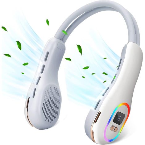 Ventilateur de cou portable sans pales 4000 mAh avec éclairage d'ambiance RGB, silencieux et portable, idéal pour les voyages, le camping, le jogging et le fitness. (1/4)