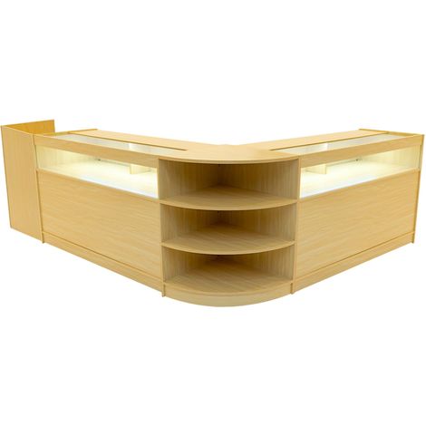 Set Mostradores Comerciales "SAGITTARIUS"   Arce LM60 + 2xB1500 + TB60 MDF y vidrio templado  Estantes y puertas corredizas con cerradura  Fácil Montaje  Mostrador Recepción Expositor Comercial Mesa