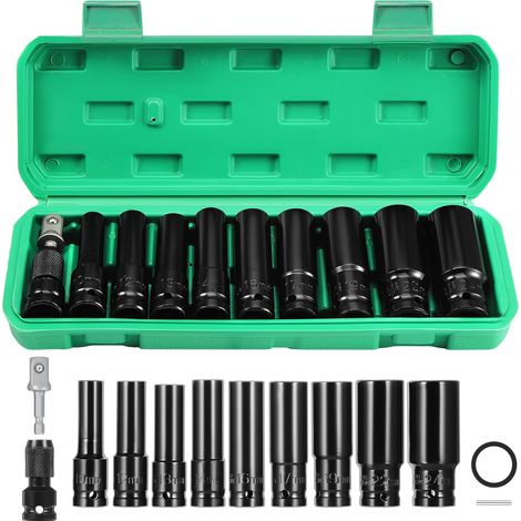 11 Pièces Coffret de Douille à Choc Longue Hexagonales, 1/2'' Douille Clé à Choc 10-24mm, pour Réparation de Voitures Changement de Pneus (1/5)
