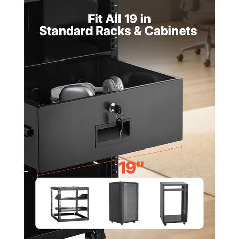Tiroir rack 19 pouces 4U acier, charge max 22,68 kg, coffre serveur fermable à clé, tiroir coulissant gaine câbles, pour baie réseau matériel AV (1/5)