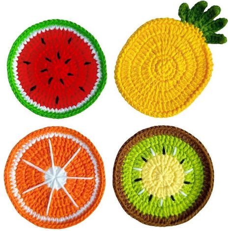 Lot de 4 dessous de verre mignons en crochet en forme de fruits, pour femme, décoration amusante pour table basse et pendaison de crémaillère (1/5)