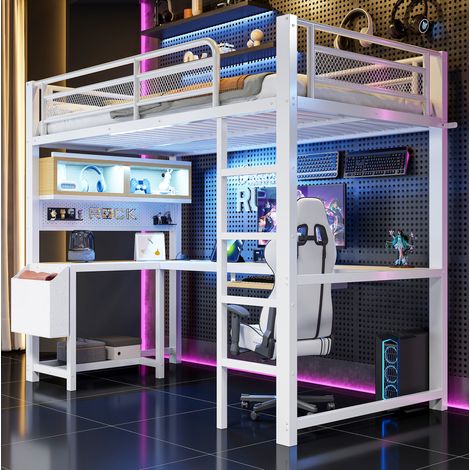 Cama alta con escritorio y LED 90x200 MDF metal OKMYHOME (1/5)