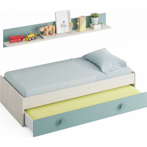 Lit avec un tiroir coloris Blanc Alpes / vert Acqua en melamine - Dim : 43 x 201 x 98 cm -PEGANE- (1/4)