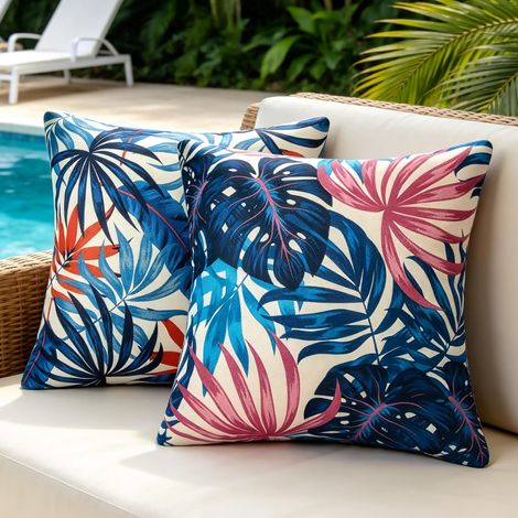 Exterieur Housses de Coussin 45x45 CM Imperméable Housse de Coussin Housse Coussin Feuille de Monstera Bleu Lin pour Salon Patio Jardin Canapé Coussin Decoration Lot de 2 (1/5)