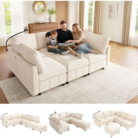 Pour grande famille, couchage facile : canapé d'angle convertible 6 places avec prise USB et pouf chenille (1/5)