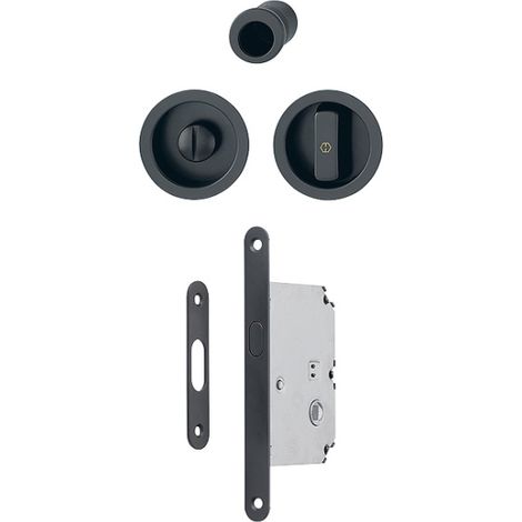 Hoppe – Garniture de porte coulissante condamnation noire 38-48 mm – Aluminium noir mat – Système de verrouillage avec olive et pastille – Fixation invisible