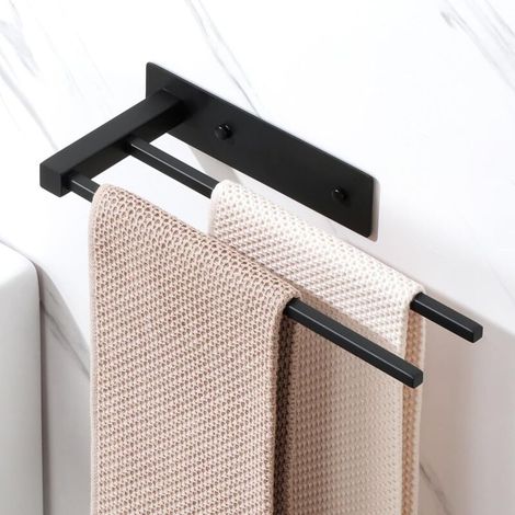 Porte Serviette sans Perçage Salle de Bain 30 CM, 2 Barre Porte Serviette Pratique, Support Serviette Mural en Acier Inoxydable pour Cuisine/Lavabo/Toilette, Perçage/Adhésif, Noir