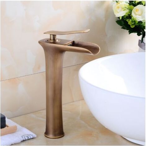 Robinet lavabo surélevé en laiton antique – Installation à poser – Compatible avec 1 trou – Design cascade élégant – Yoyo (1/5)