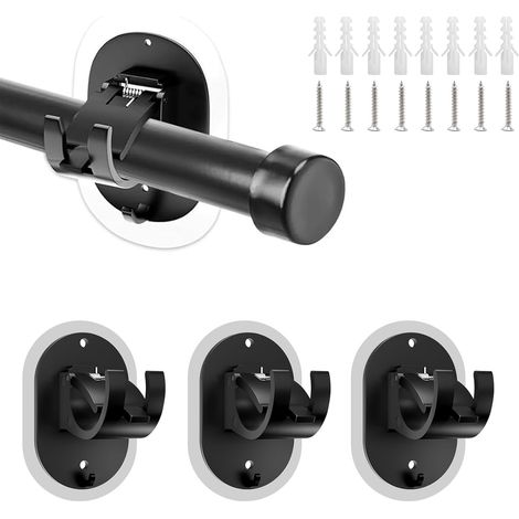 4 support tringle rideaux, abs noir, fixation adhésive ou à vis, pour tringle 3,5cm, salon cuisine salle de bain