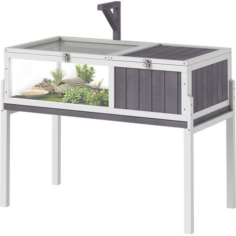 Terrarium tortue bois gris blanc 104x53x82 cm avec toit maille, bac extraible, support lampe