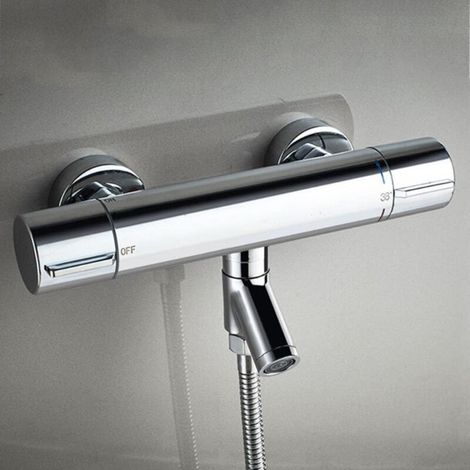 Robinet de douche thermostatique 38 °C, noir, thermostatique pour baignoire et douche, robinet de douche à deux sorties G1/2", en laiton chromé. CREA