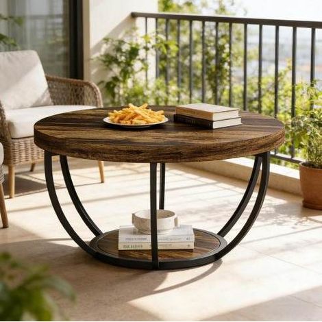 Table basse ronde 80 x 80 x 45 cm marron, double niveau, métal et bois MEUBLIV (1/5)