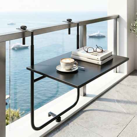 Table de balcon ajustable pour rambarde épaisseur 6–15cm métal inoxydable 62x60x85,5cm noir, surface pratique pour profiter de l’extérieur