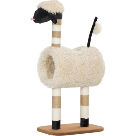 Albero tiragraffi a forma di pecora con pali per graffiare, tunnel e giocattoli, 98 cm, marrone chiaro, disponibile in loco. (1/5)