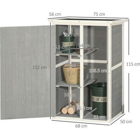 Abri de jardin, abri à outils, étagères, sapin, noir, gris et blanc, 75 x 56 x 115 cm