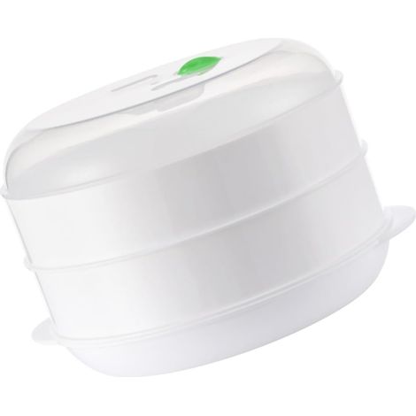 Panier vapeur rond à 2 parois pour micro-ondes avec couvercle, en plastique, pour les légumes et le poisson (1/5)