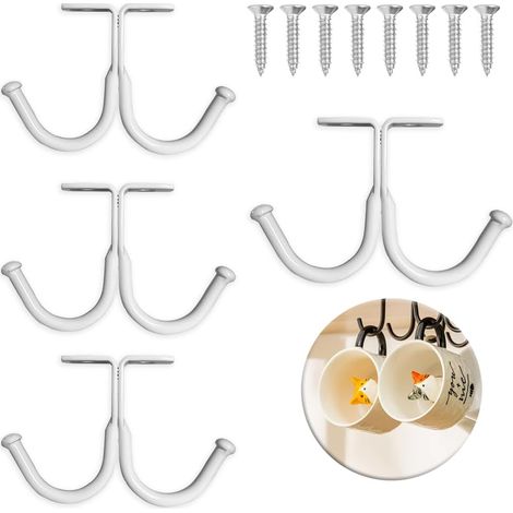 Tasse Rangement Crochets,Lot de 4 Crochets Sous Armoire en Métal, Tasses à Crochets sous Armoir, Mug Titulaire Pour Cuisine Salon Mugs, Verres à Bière,Ustensiles pour Cuisine,Tasse à café,Blanc (1/5)