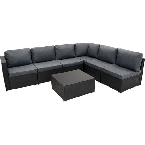 Conjunto Modular de Muebles de Patio de Ratán Negro 7 Piezas Sofá Modular Mesa con Tapa de Vidrio Templado Cojines Grises  Funda Impermeable Resistente a la Intemperie Ideal para Jardín y Patio