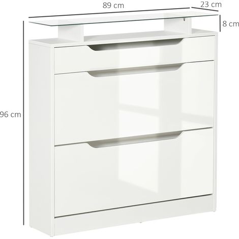 Scarpiera a 2 ante HOMCOM, scarpiera stretta per 16 paia di scarpe con cassetto, ripiano aperto e piano in vetro per corridoio o ingresso, 89x23x96 cm, bianca