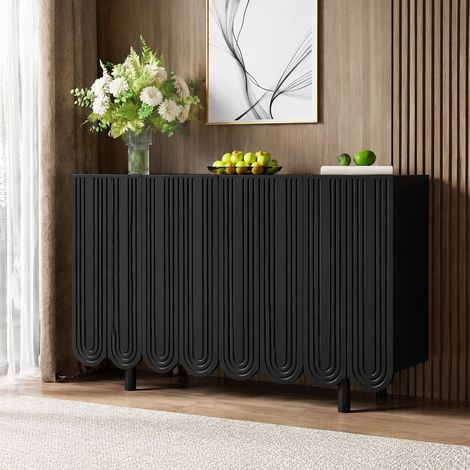 MEUBLIV Buffet de rangement noir 120x37,5x80,8 cm – 4 portes sculptées et charnières amorties (1/5)