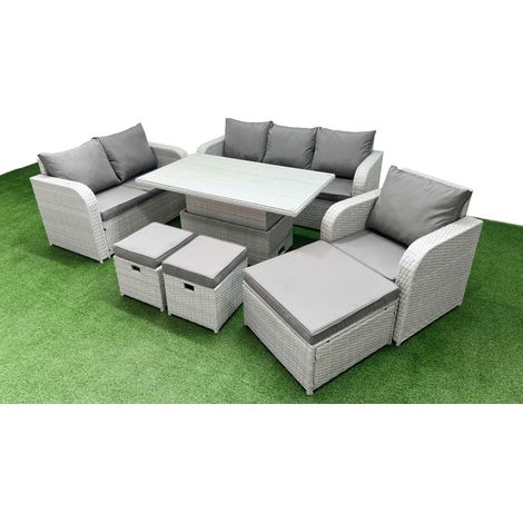 Fimous Patio PE Wicker 9 Seater Outdoor Rattan Furniture Sofa Sets with Adjustable Lifting Dining or Coffee Table Reclining Chair Loveseat Sofa 3 Seater Sofa Stool Light Grey (1/5)