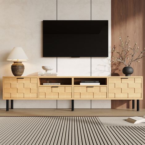 Meuble TV 200x35x44,5 cm pour TV 80 pouces, 2 portes battantes, 2 tiroirs, 2 niches ouvertes, décor carré 3D, bois naturel (1/5)