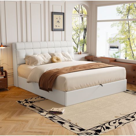 DESVIAE Lit rembourré hydraulique avec rangement caché tête de lit et coffre sommier à lattes 140 x 190 cm blanc (1/5)