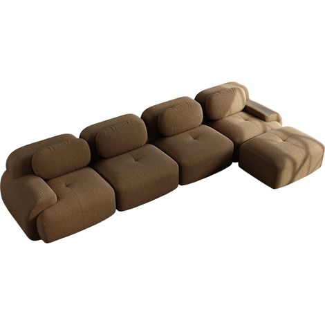 Canapé d'angle modulable 4 places en mousse haute résilience 32D avec revêtement en velours côtelé marron, sans cadre, antidérapant, avec chaise longue (1/5)