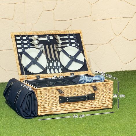 Panier de pique-nique en bois d'osier, sac de pique-nique pour 4 personnes avec compartiment isotherme, couverture de pique-nique, couverts, ensemble de pique-nique complet pour le camping, la plage,
