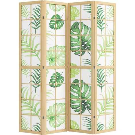 Paravent 4 panneaux pliable bohème à motif palmier, structure en bois, séparateur de pièce autoportant pour bureau, salon ou chambre, bois clair - CHICFURN (1/5)