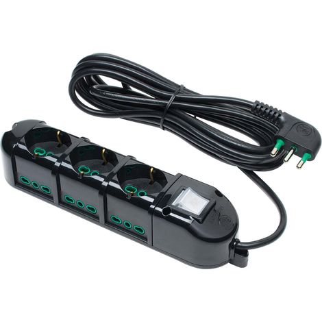FANTON 481233-B Multipresa elettrica 9 posti con 3 prese universali e 6 prese bivalenti italiane laterali ciabatta spina grande 16A colore nero cavo 3 mt (1/5)