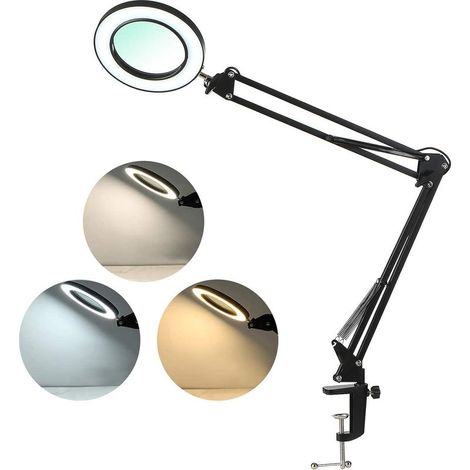 Lampe loupe à LED avec pince,lampe de bureau 3 couleurs avec luminosité réglable sur 10 niveaux,8x pour l'impression adaptée à la maison et au bureau pour la lecture,le travail,le maquillage,etc.(noir (1/5)