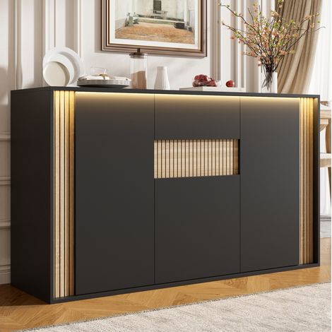 Credenza 140x40x82 cm in truciolare nero, 3 ante, LED, per soggiorno – MEUBLIV (1/5)