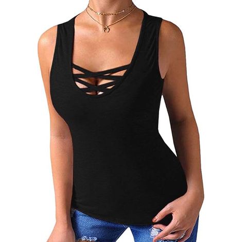 Débardeur sans manches à bretelles croisées pour femme, chemisier basique à lacets (1/5)