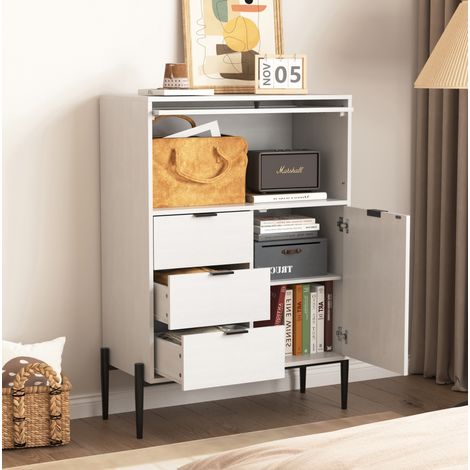 Sideboard 85x40x120 cm weiß aus Spanplatte mit 3 Schubladen, 1 Tür, 1 Glastür und verstellbaren Einlegeböden (1/5)