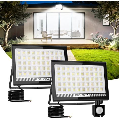 100W Projecteur LED Extérieur Detecteur de Mouvement, 11000LM 6000K 200 Leds Eclairage Exterieur avec Detecteur, IP66 Étanche Spot Led Extérieur pour Jardins, Garage, Arrière-cour, 2 Pièces (1/5)