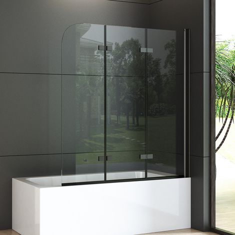 Duschwand für Badewanne 120x140 cm 3-teilig Faltbar Schwarz Badewannenaufsatz Duschtrennwand Duschabtrennung für Badewanne aus 6mm ESG Glas
