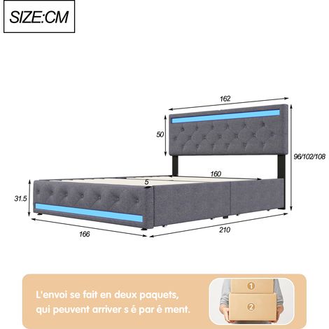 Parure de lit double en tissu, 160x200cm gris foncé, lampe de chevet avec USB long et lampe de table, commode en fer à 4 tiroirs (1/5)