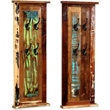 Ensemble de deux porte-manteaux, bois massif recyclé, 38 x 100 cm
