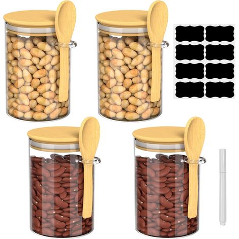 Lot de 4 Bocaux en Verre Hermétique, Bocal en Verre avec Couvercle et Cuillère, Boite Rangement Cuisine, Pot en Verre, Overnight Oats Jar, Pots et Boîtes Conservation pour Céréales, Haricots (1/5)