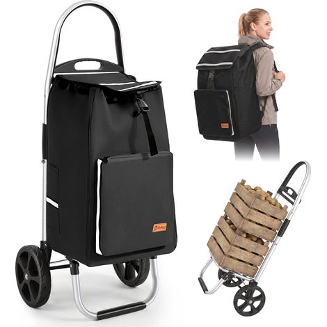 Sekey Aluminium Einkaufstrolley mit 2 Rollen, Trolly Einkaufswagen Klappbar mit Rucksack, Schwarz