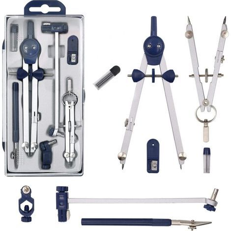 Edelstahl-Kompassset mit 5 Zubehörteilen2-mm-Druckbleistift für Geometrie und ZeichnenUnzerbrechliche Kunststoffbox (1/5)