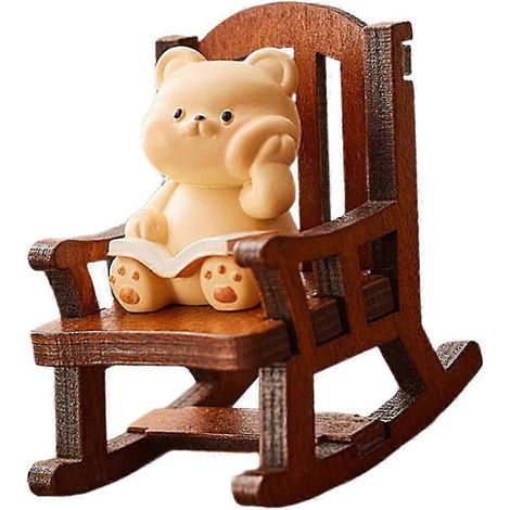 Figurine d'animal sur fauteuil à bascule, statuette mignonne, mini-décoration de bureau, sculpture miniature pour micro-paysage, cadeau de pendaison de crémaillère-Bear (1/5)