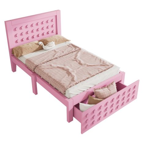 Lit enfant en bois 90x190 cm rose motif blocs tiroirs et rangement sous lit sans matelas (1/5)