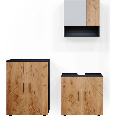 Conjunto de muebles de baño Irma, Oro power roble/antracita, 3 piezas, con mueble bajo 60 cm, Vicco