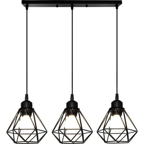 Lustre Suspension Industrielle Métal Forme Diamant 3 Luminaires Plafonniers E27 Vintage Lampes de Plafond Abat-Jour Ø205mm (16cm-avec une barre du support) (1/5)