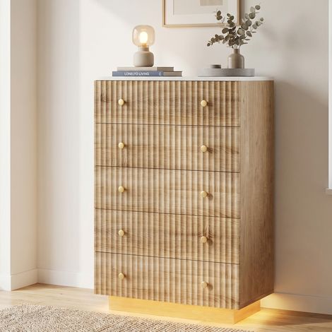 Cassettiera 73x40x111cm, 5 cassetti con illuminazione LED a 3 colori, in legno, stile moderno, color rovere (1/5)